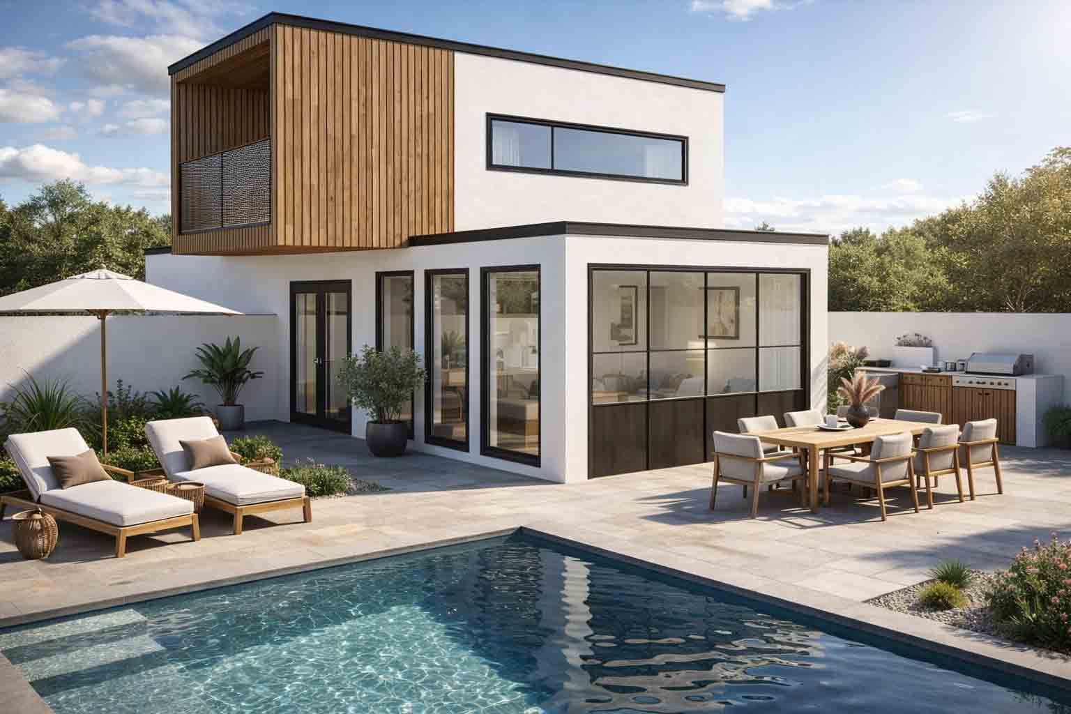 Une maison moderne de deux étages avec piscine, coin repas extérieur et chaises longues sur une terrasse en pierre.