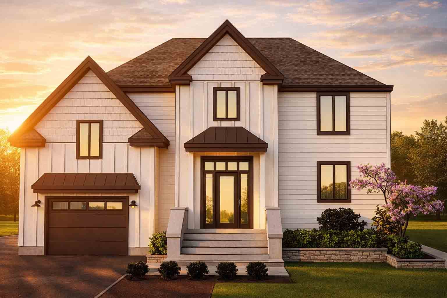 Une grande maison avec une voiture garée devant.