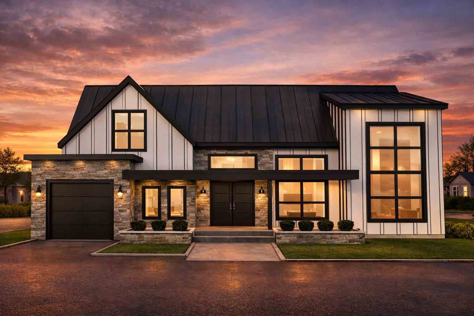Une maison moderne à deux étages avec un bardage blanc à claire-voie, des éléments en pierre, un toit en métal foncé et de grandes fenêtres au crépuscule.