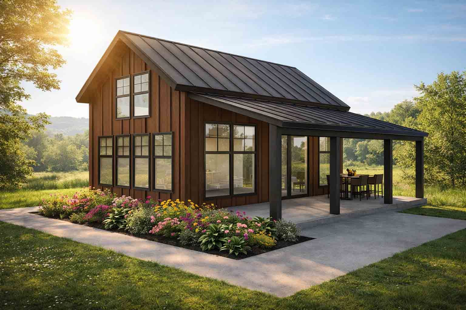 Une maison de style rustique avec un bardage vertical brun et un toit en métal noir, entourée d'un jardin fleuri et de champs verdoyants.