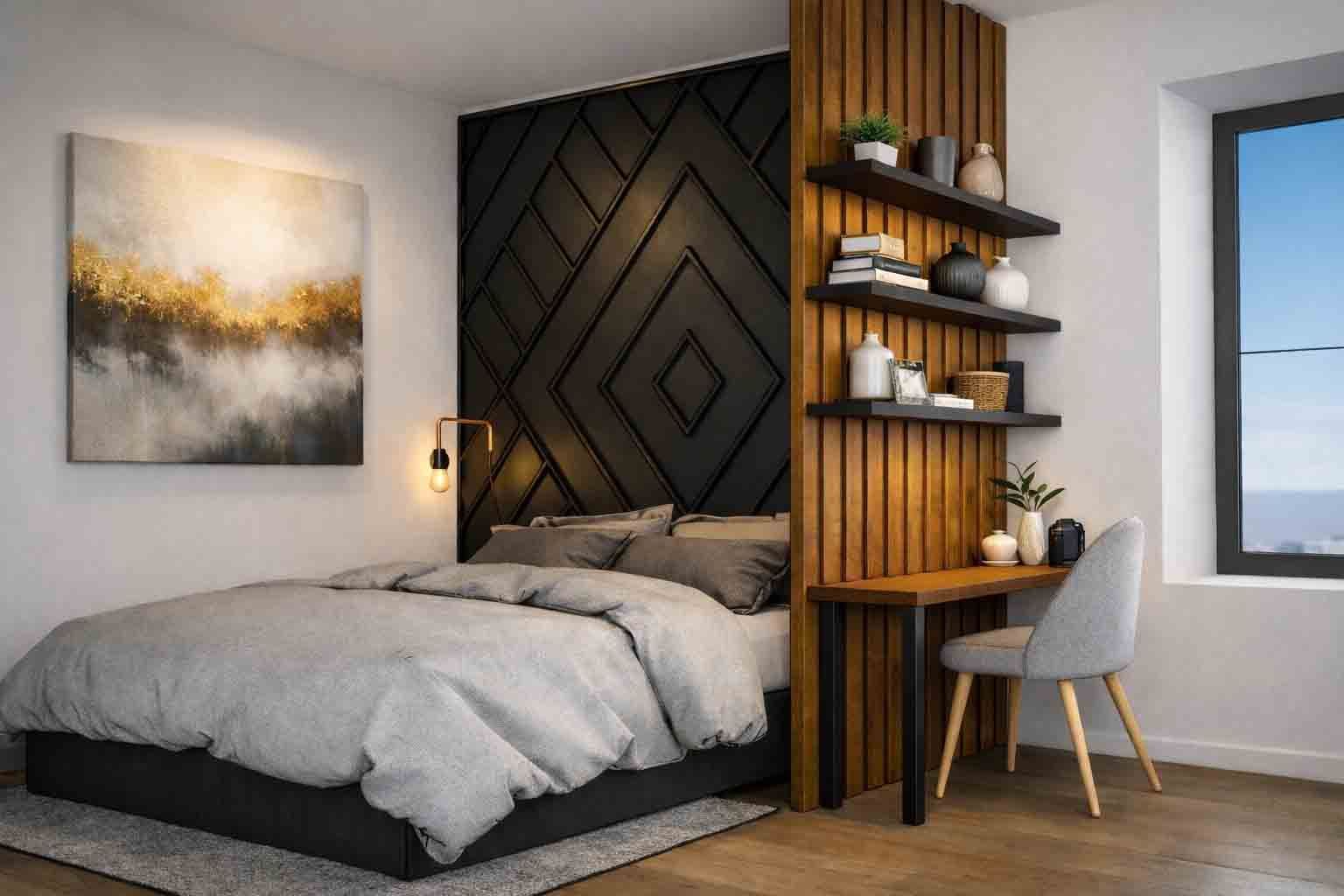 Une chambre avec une tête de lit murale noire à motifs géométriques, une cloison en lattes de bois, des étagères flottantes et un petit coin bureau.