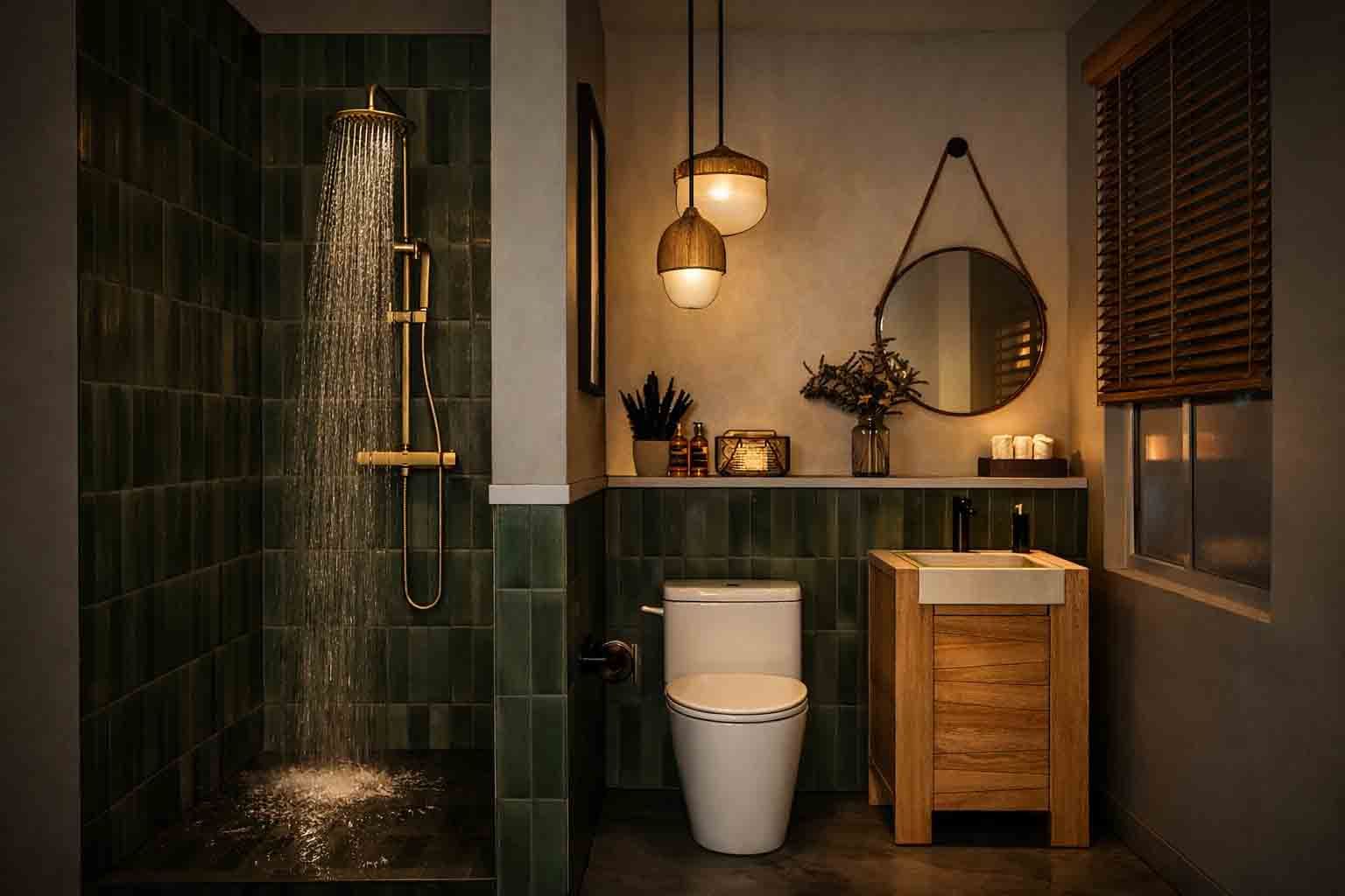 Une salle de bains faiblement éclairée, avec des murs carrelés vert foncé, une douche à l'italienne, des toilettes modernes et un meuble-lavabo en bois sous des suspensions lumineuses.