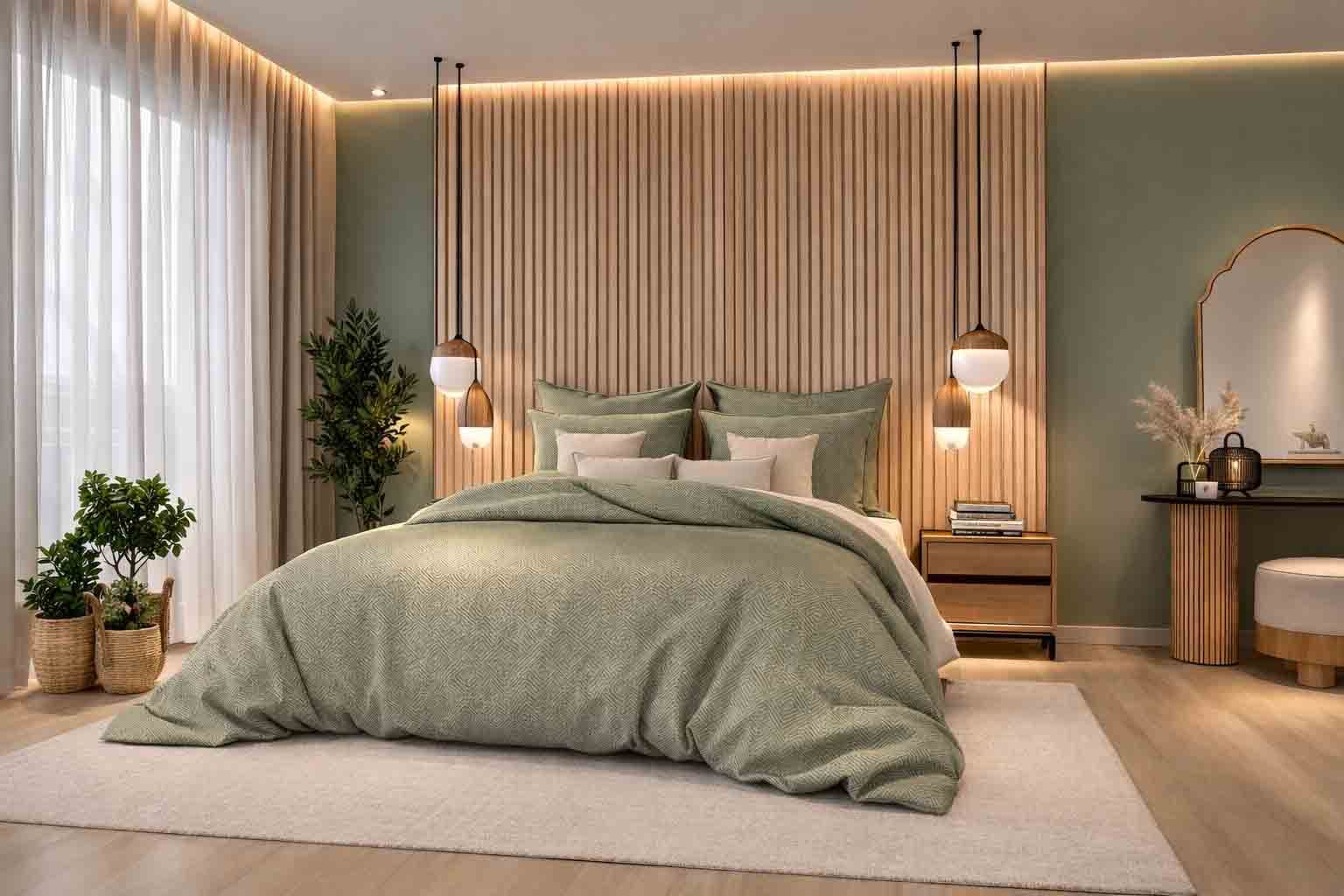 Une chambre moderne vert sauge avec une tête de lit en bois à lattes, des suspensions lumineuses et un lit confortable sur un tapis clair.