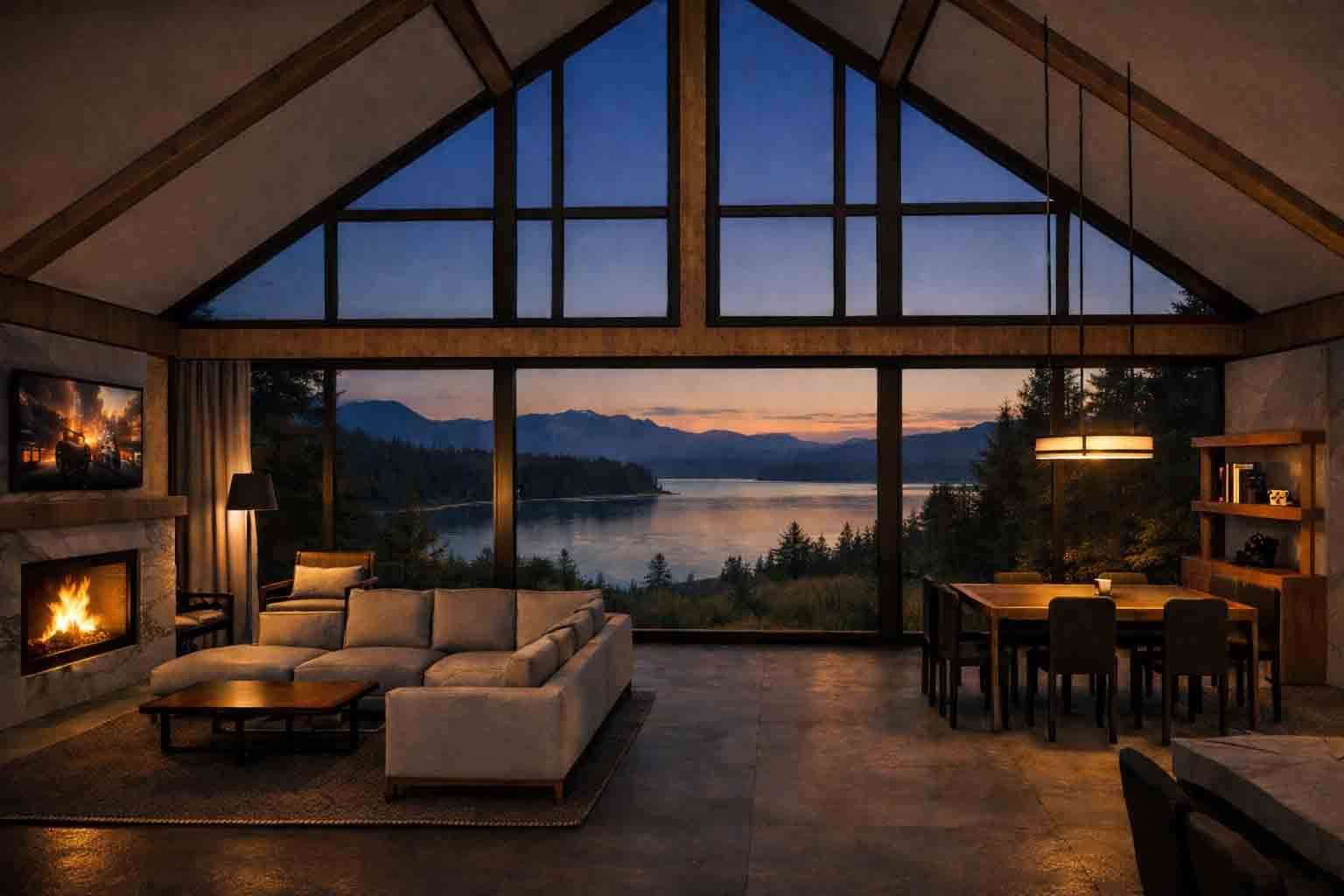 Un salon moderne avec une grande baie vitrée offrant une vue imprenable sur le coucher de soleil sur un lac et les montagnes.