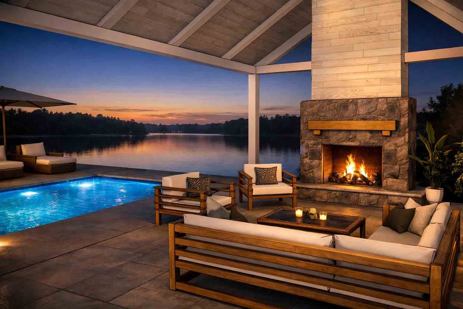 Une cheminée extérieure en pierre, illuminée par les feux de la rampe, surplombe une piscine éclairée et un lac paisible au coucher du soleil, avec des sièges de terrasse.