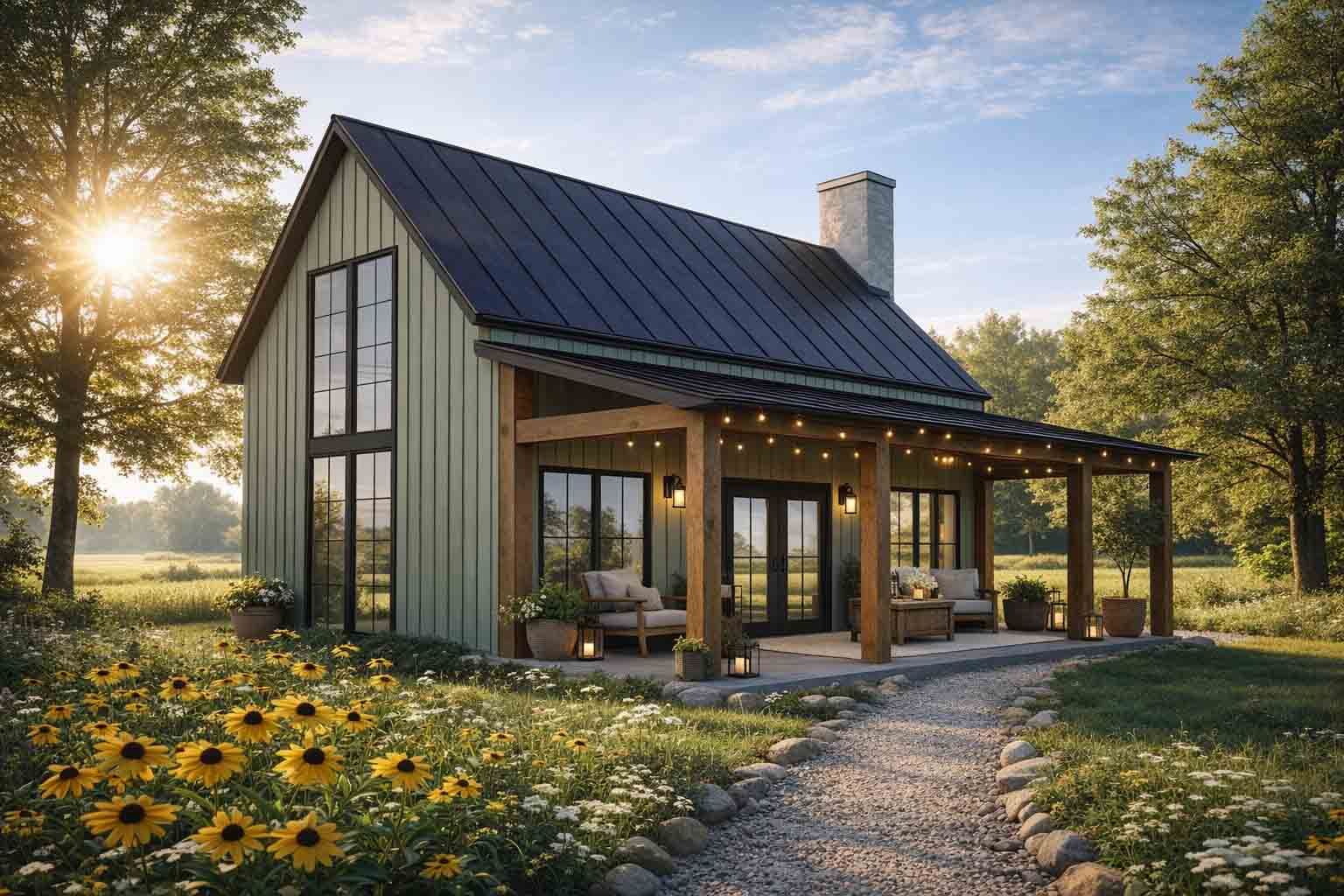 Une petite maison verte au toit de tôle noire et au porche couvert se dresse au milieu d'un champ ensoleillé rempli de fleurs sauvages.