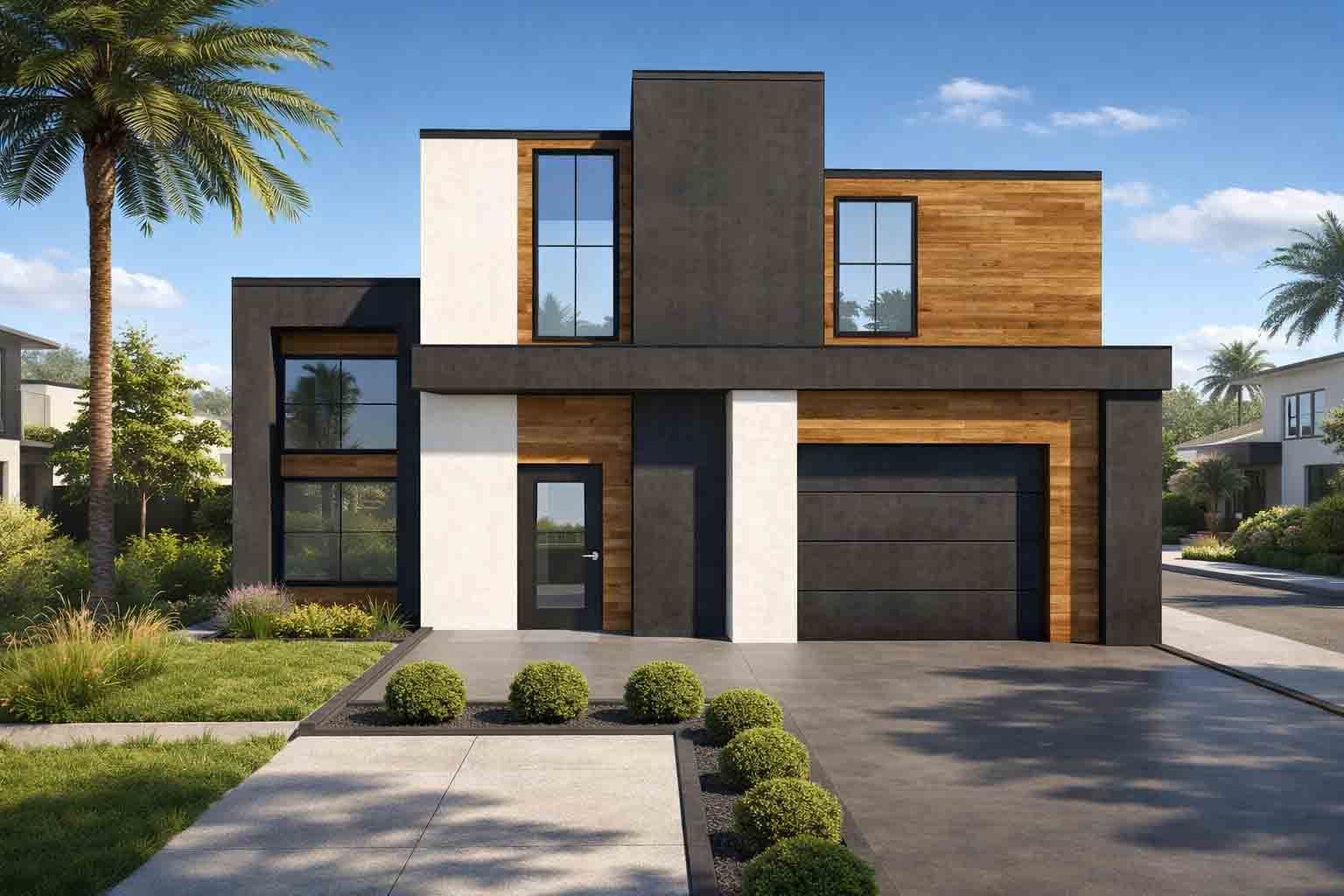 Maison de banlieue moderne à deux étages avec extérieur en panneaux de bois noirs, blancs et noirs, comprenant une allée et un palmier.