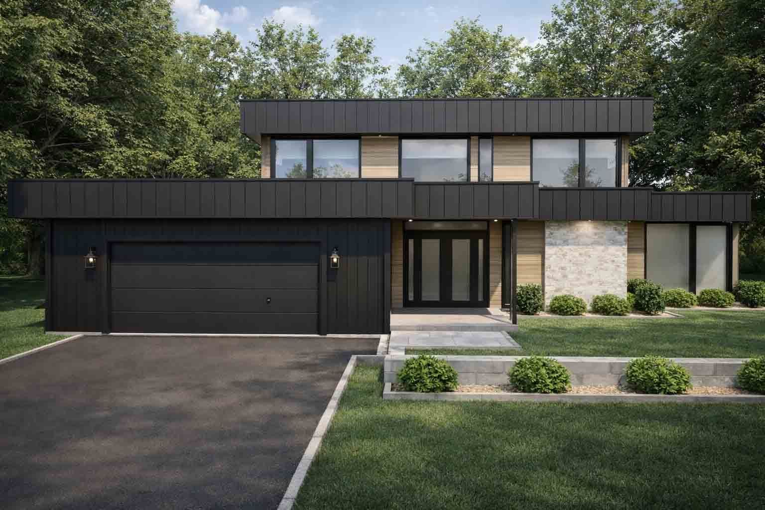 Maison moderne à deux étages avec revêtement extérieur en métal noir, mur d'accent en pierre, grand garage et cour avant paysagée.