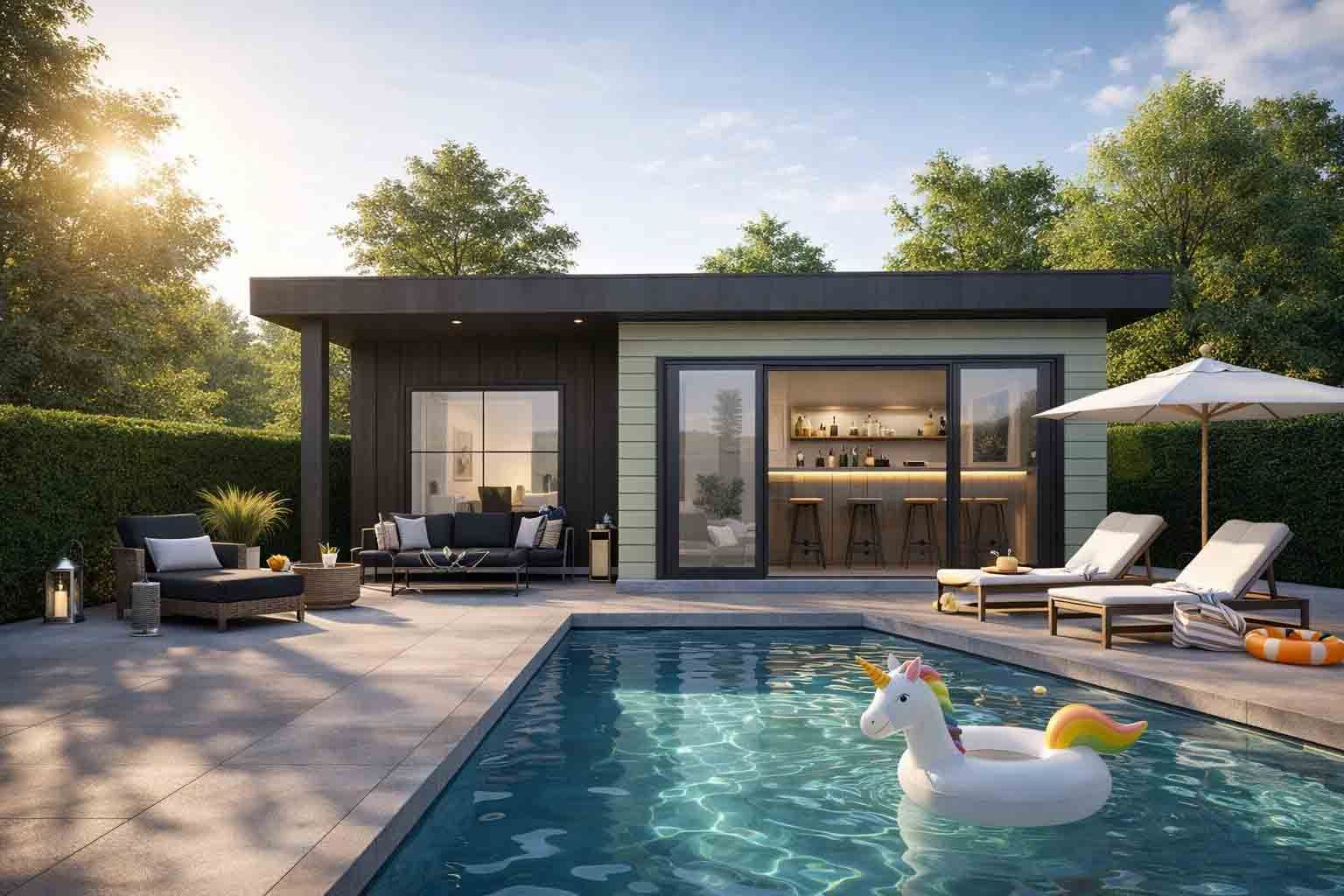 Une cabane moderne au bord de la piscine avec terrasse, chaises longues et une bouée en forme de licorne au coucher du soleil.