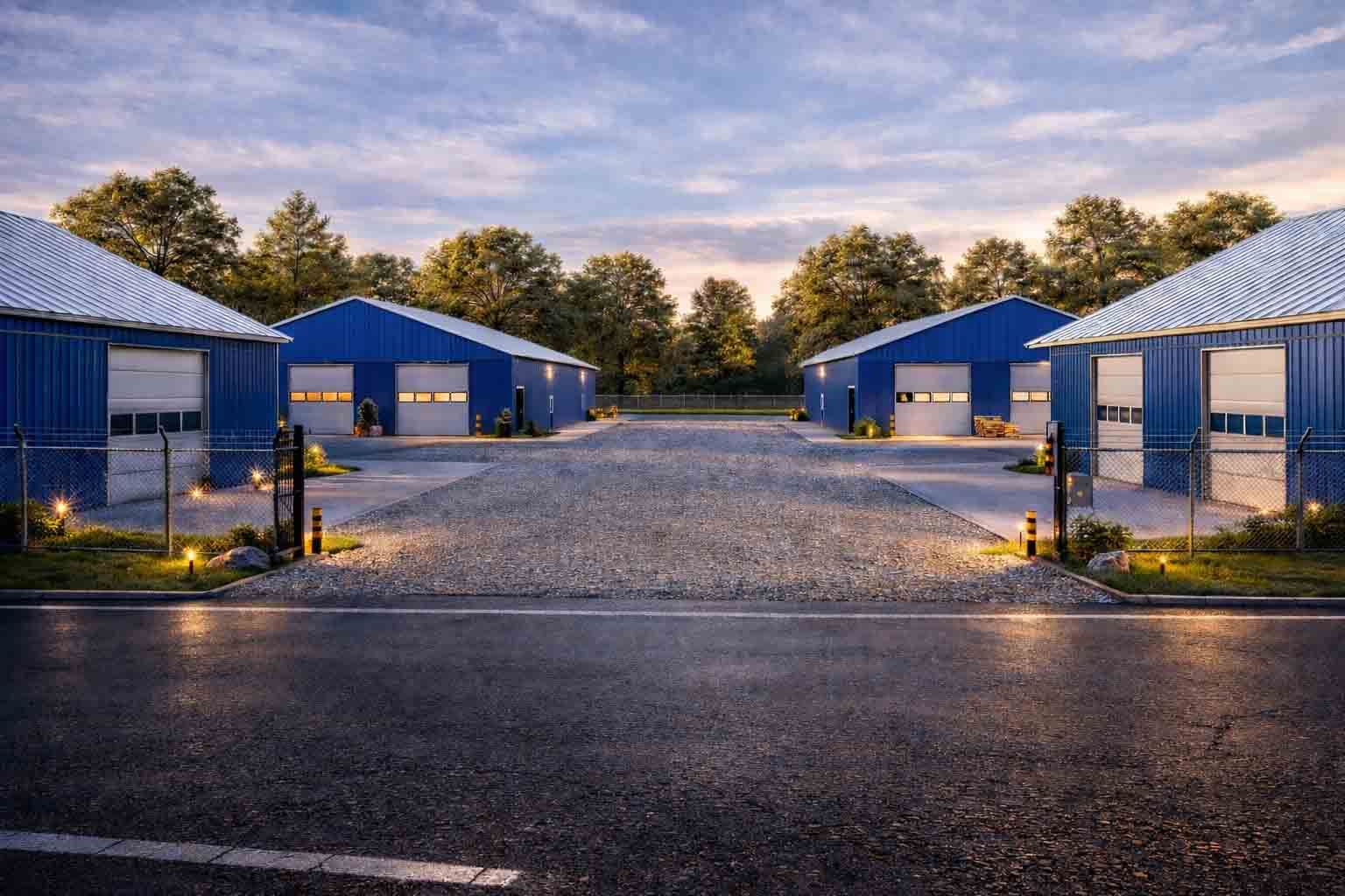 Une allée de gravier serpente entre des rangées de bâtiments de stockage bleus aux portes sectionnelles, sous un ciel crépusculaire.