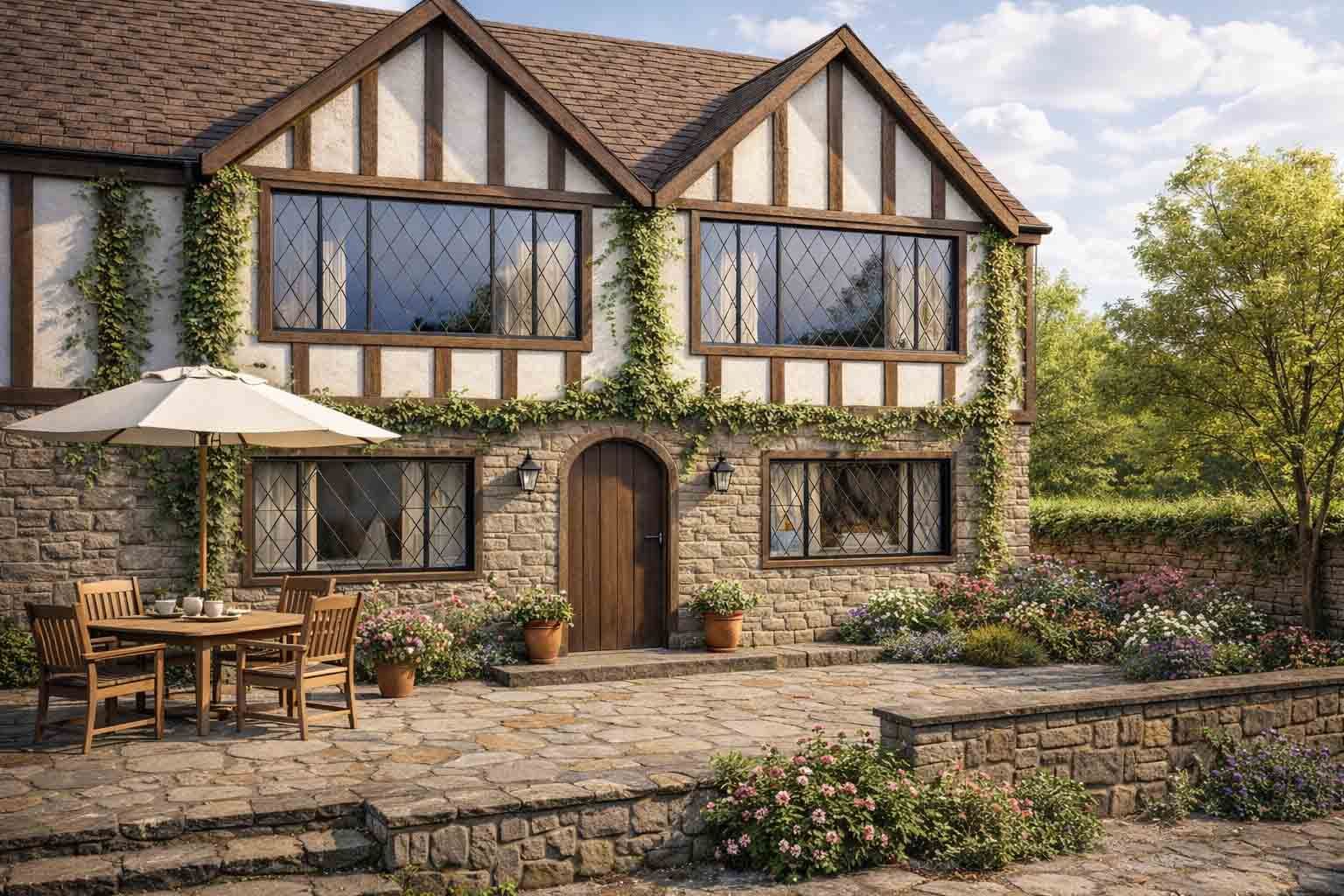 Un cottage anglais aux murs de pierre, avec une terrasse, des meubles en bois, un parasol et de luxuriantes plantes grimpantes sous un ciel bleu.