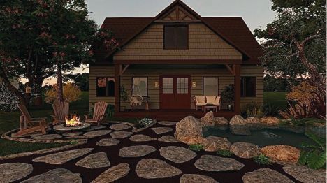 Une maison avec un foyer devant