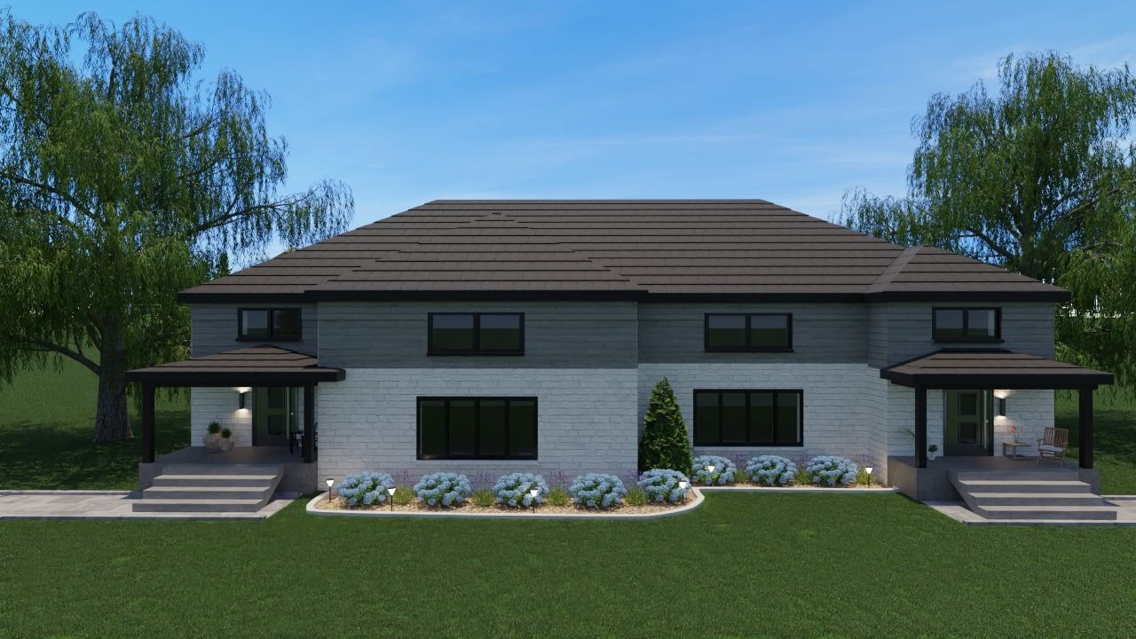 Une impression d'artiste d'une maison au toit brun