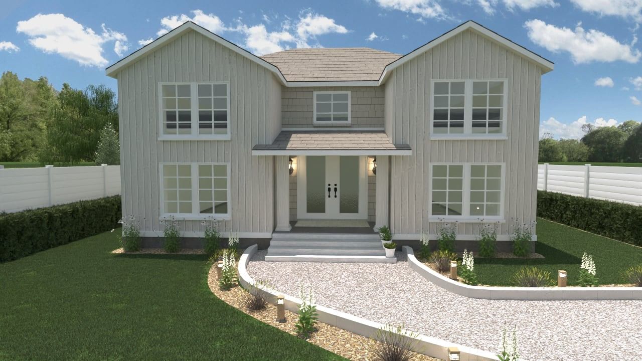 Une grande maison blanche avec une allée de gravier devant elle