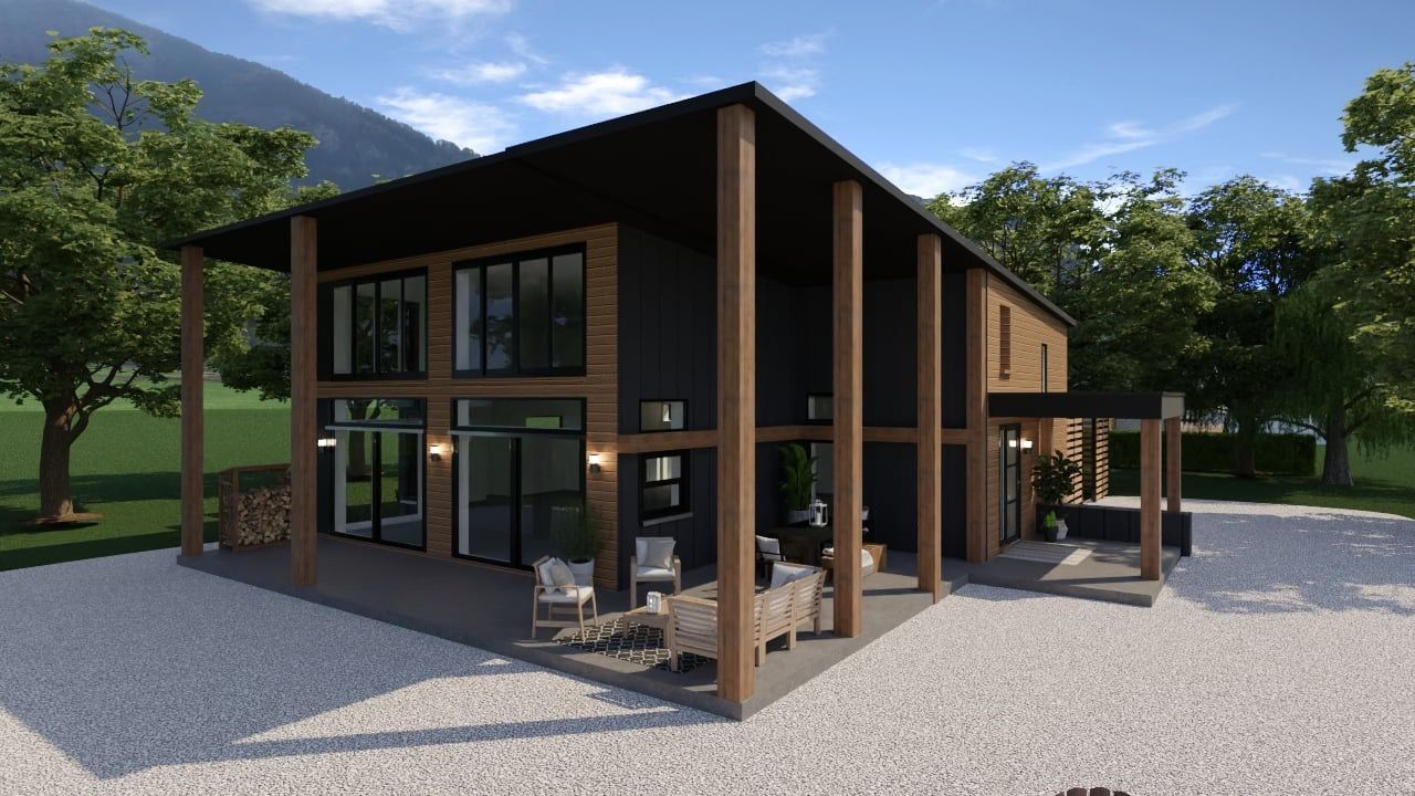 Une impression d'artiste d'une maison avec beaucoup de fenêtres