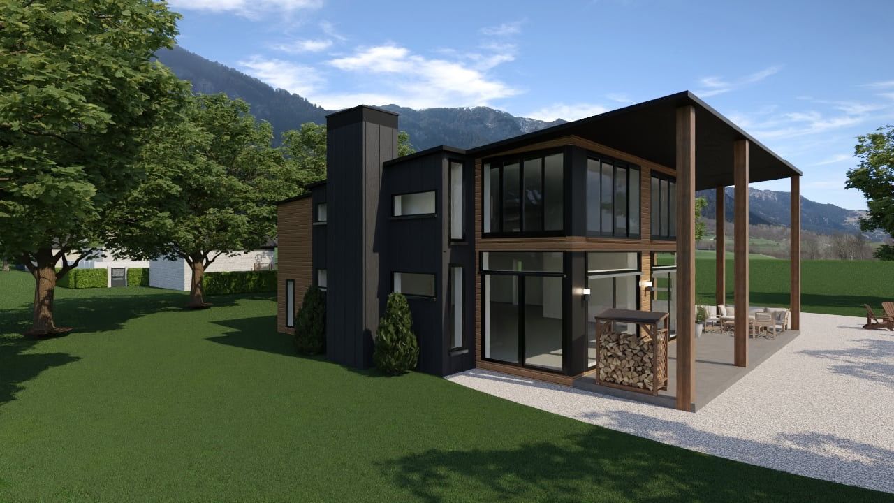 Une impression d'artiste d'une maison avec des montagnes en arrière-plan