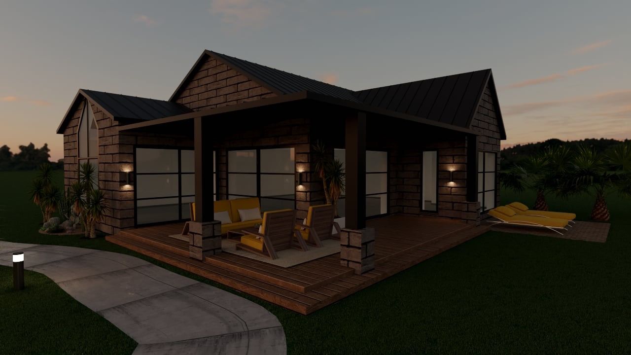 Une impression d'artiste d'une maison avec un grand porche