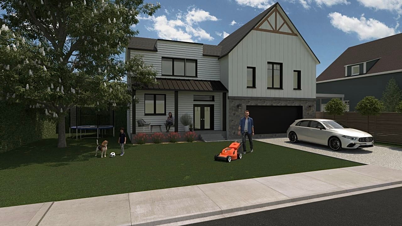 Un homme tond la pelouse devant une maison.