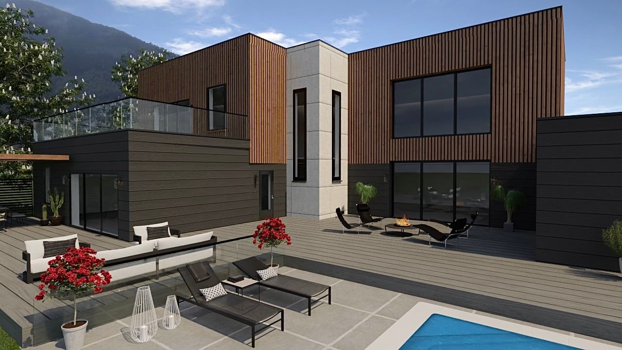 Une impression d'artiste d'une maison moderne avec piscine.