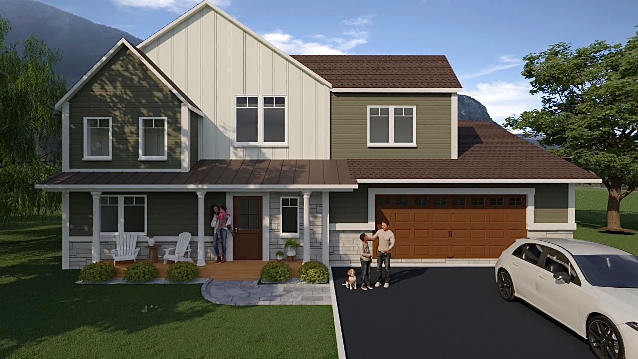 Une impression d'artiste d'une maison avec une voiture garée devant.