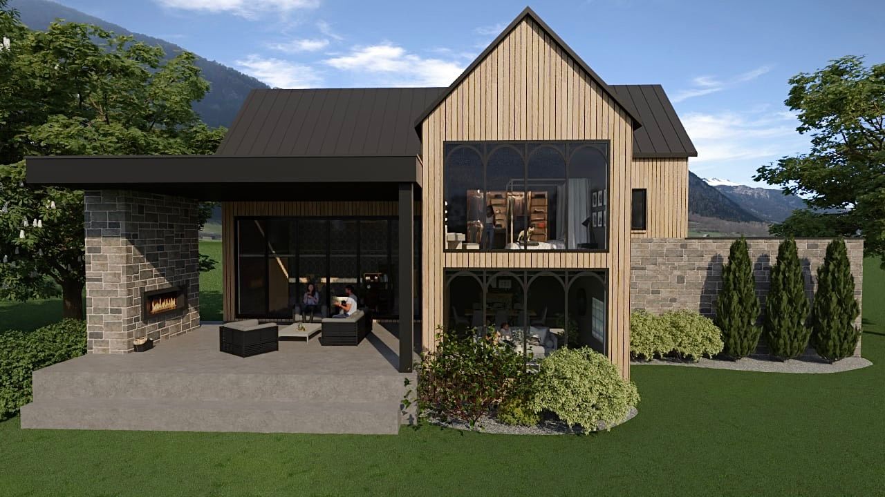 Une maison avec beaucoup de fenêtres et une cheminée dans l'arrière-cour.