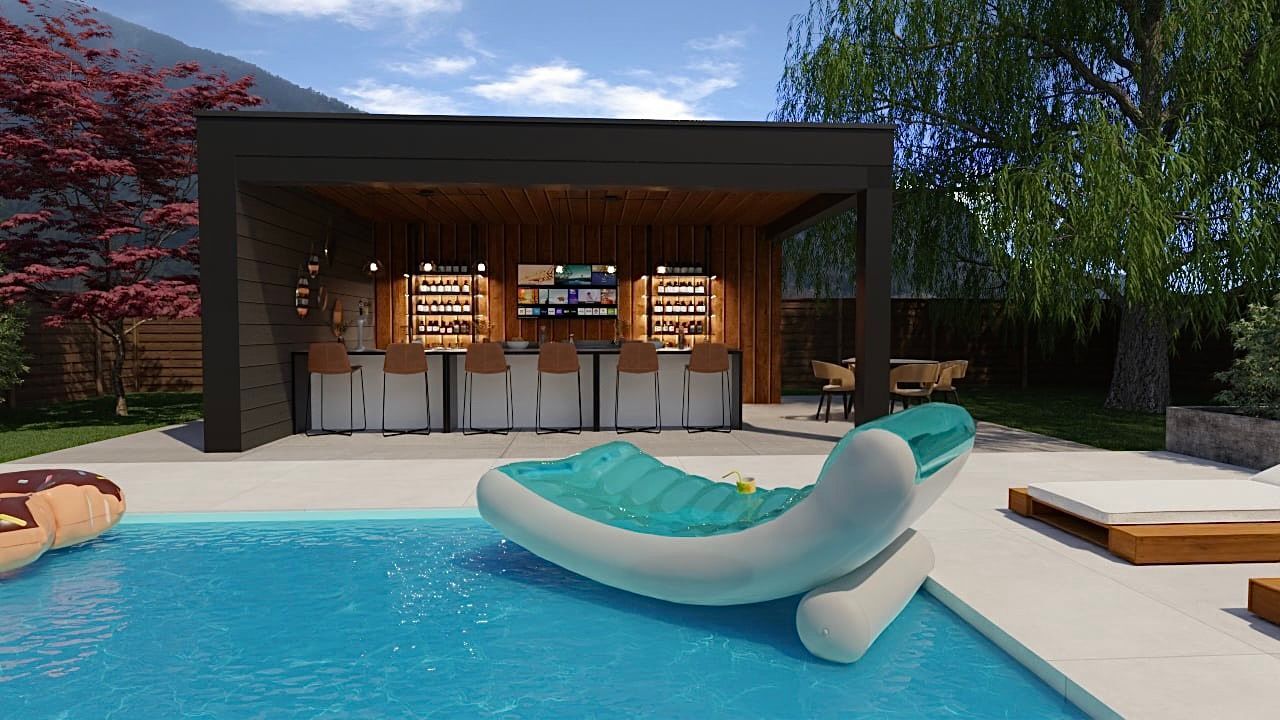 Une impression d'artiste d'une piscine avec un bar et une chaise longue.