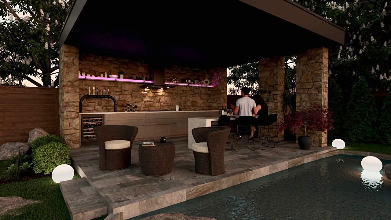 Un homme se tient debout dans un kiosque à côté d'une piscine.