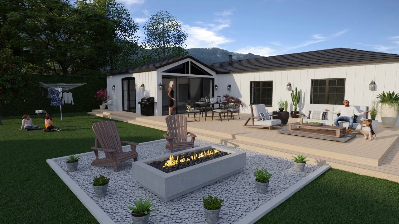 Une impression d'artiste d'une cour arrière avec un foyer et des chaises.