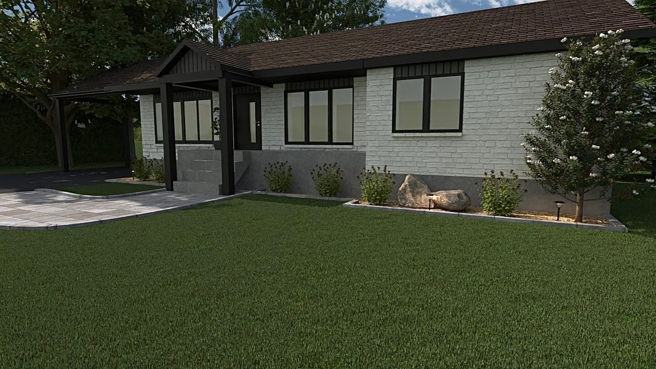 Une maison en briques blanches avec un toit marron et une grande pelouse devant.