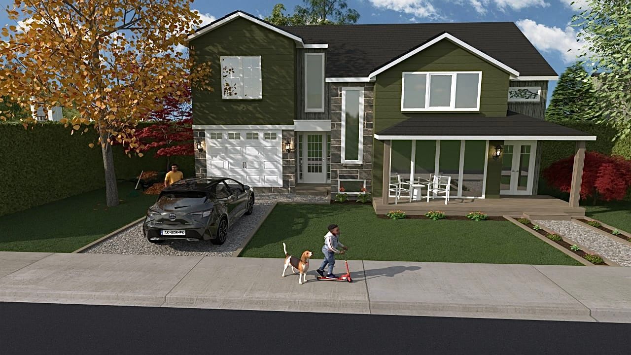 Un garçon promène deux chiens devant une serre.