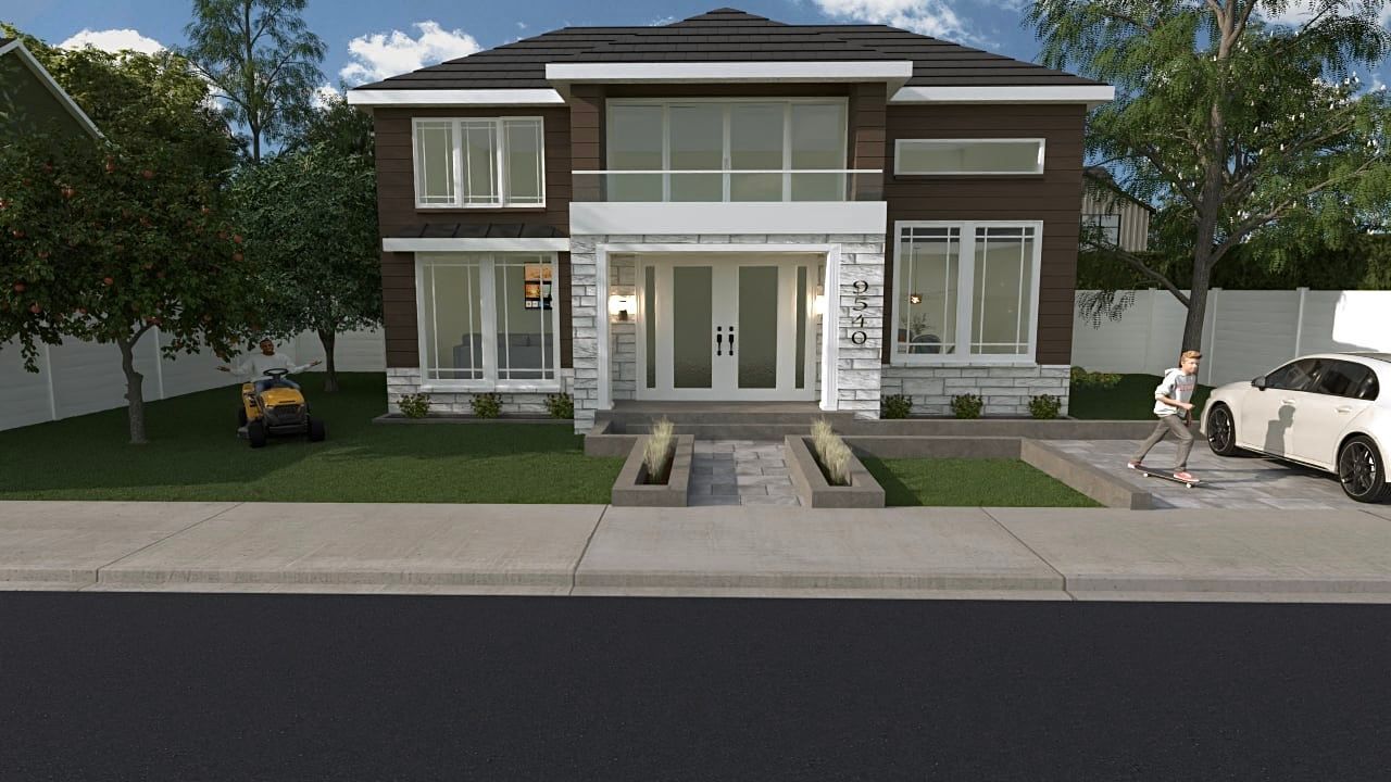 Un homme marche devant une grande maison avec une voiture garée devant.