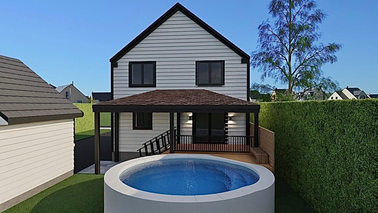 Un rendu 3D d'une maison avec une piscine dans l'arrière-cour.