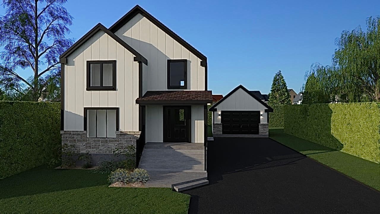 Une impression d'artiste d'une maison avec un garage et une allée.