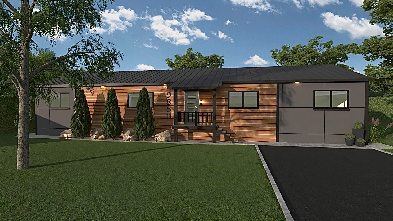 Une image générée par ordinateur d'une maison avec une allée et des arbres devant elle.