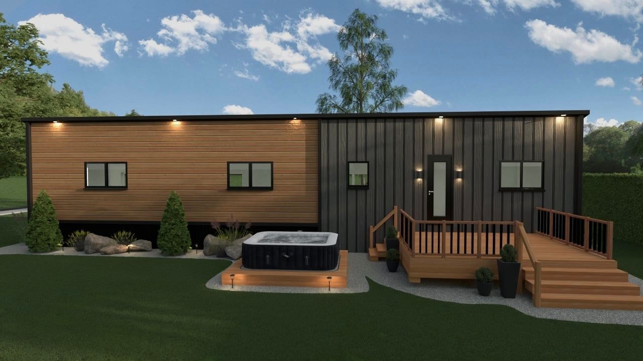 Une maison avec un jacuzzi devant.