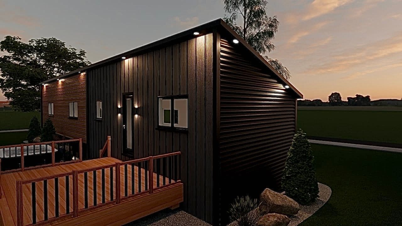 Un rendu d'une petite maison avec une terrasse et un coucher de soleil en arrière-plan.