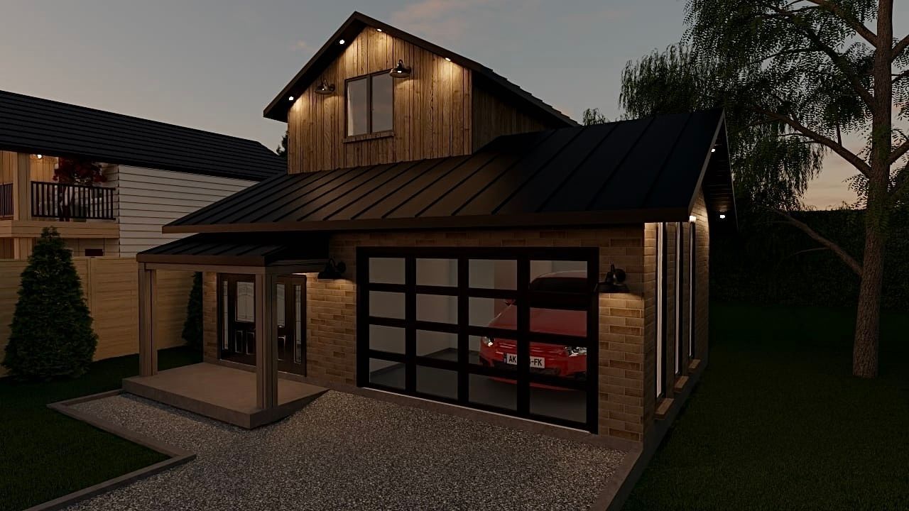 Une voiture est garée dans un garage à côté d'une maison.