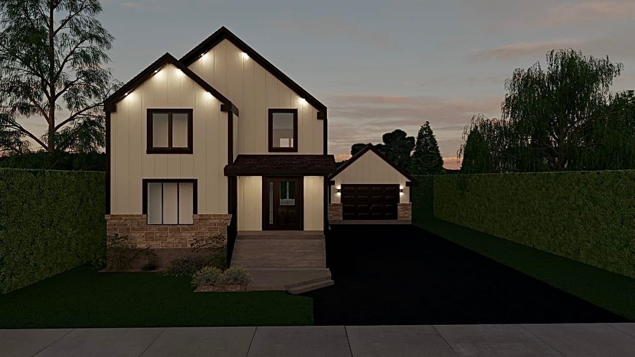 Une impression d'artiste d'une maison avec un garage et une allée.