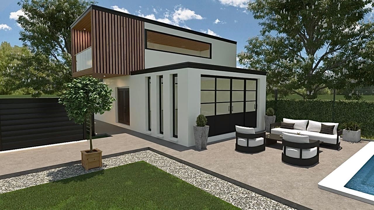 Une impression d'artiste d'une maison moderne avec piscine