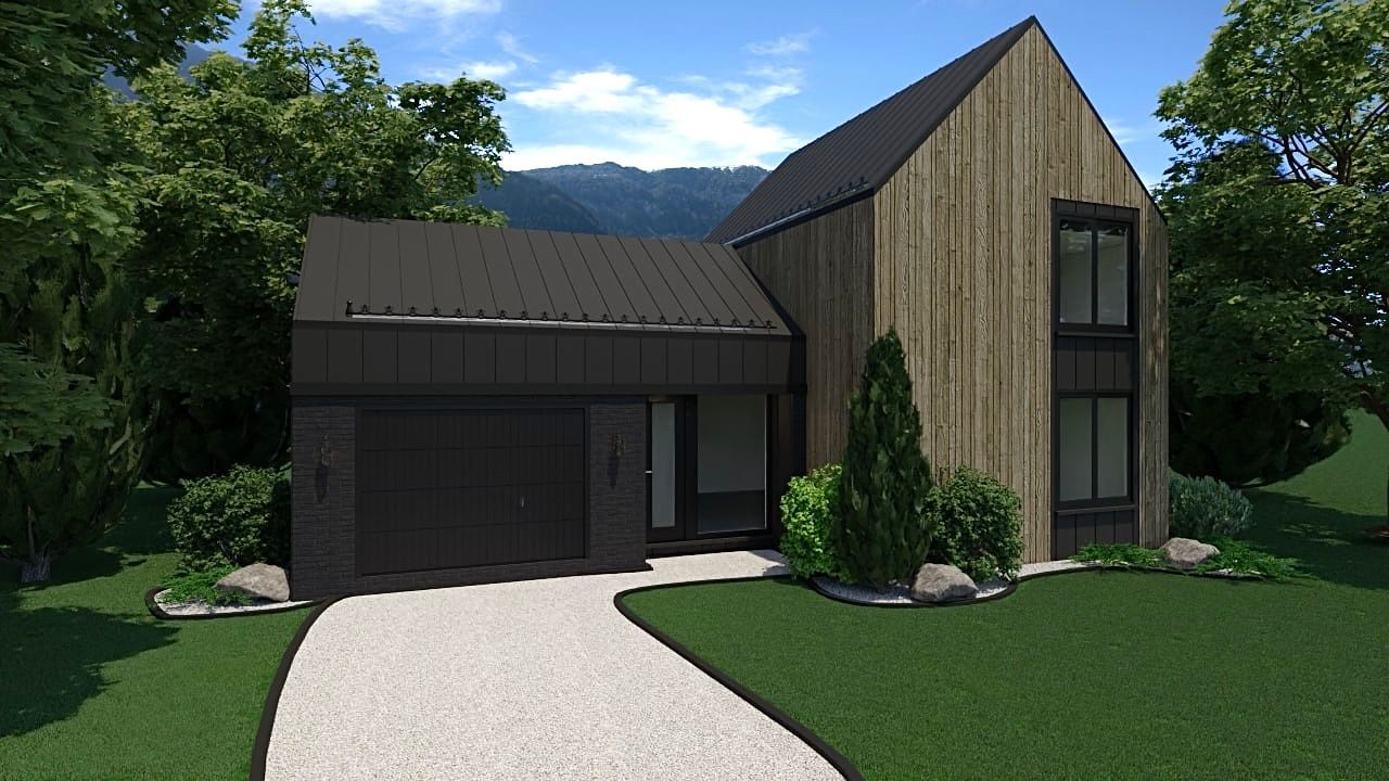 Une impression d'artiste d'une maison moderne avec un toit noir.