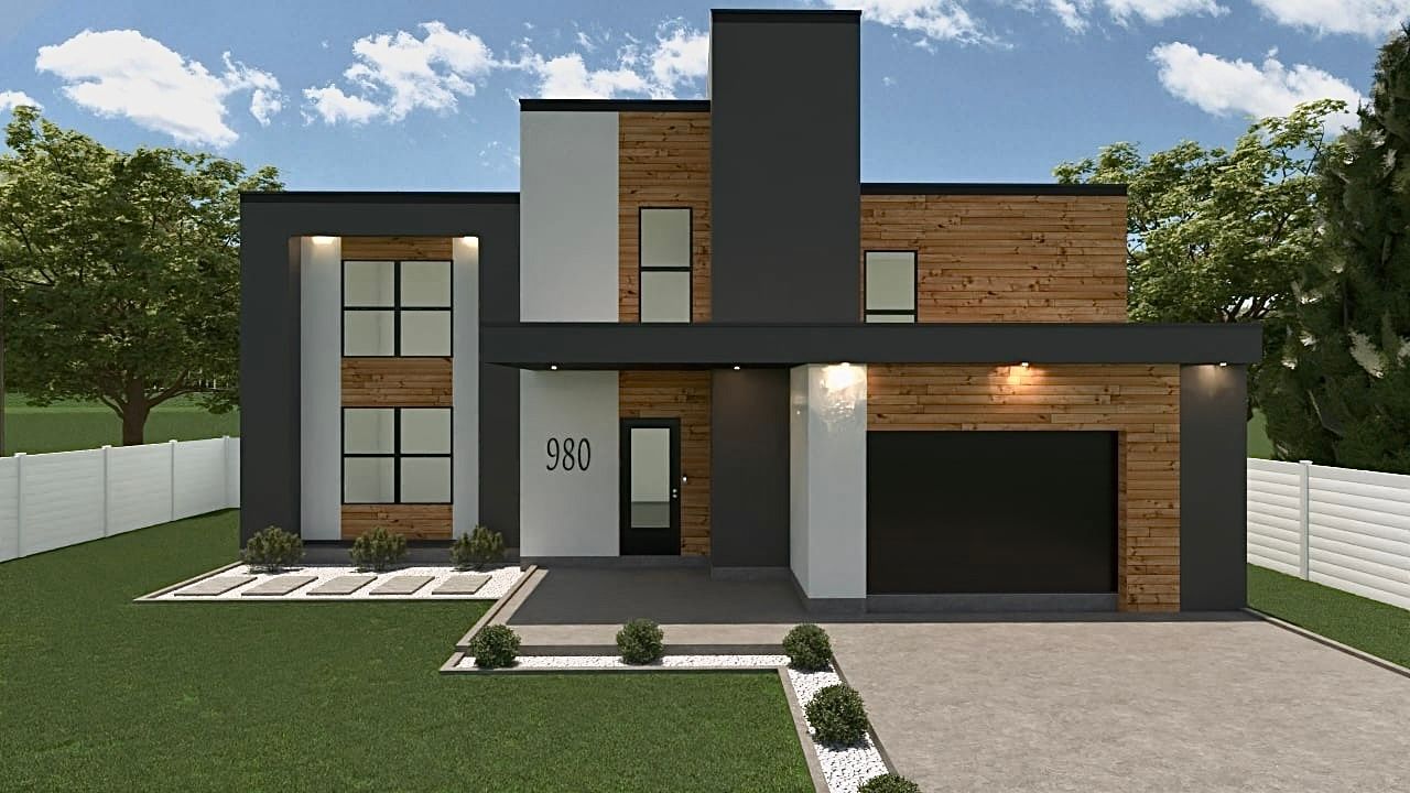 Une maison moderne avec le numéro 954 sur la façade