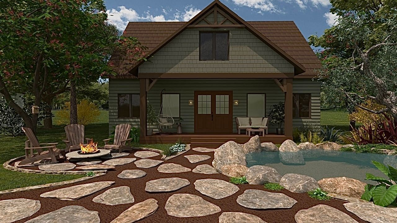 Une maison avec un étang devant et un foyer.