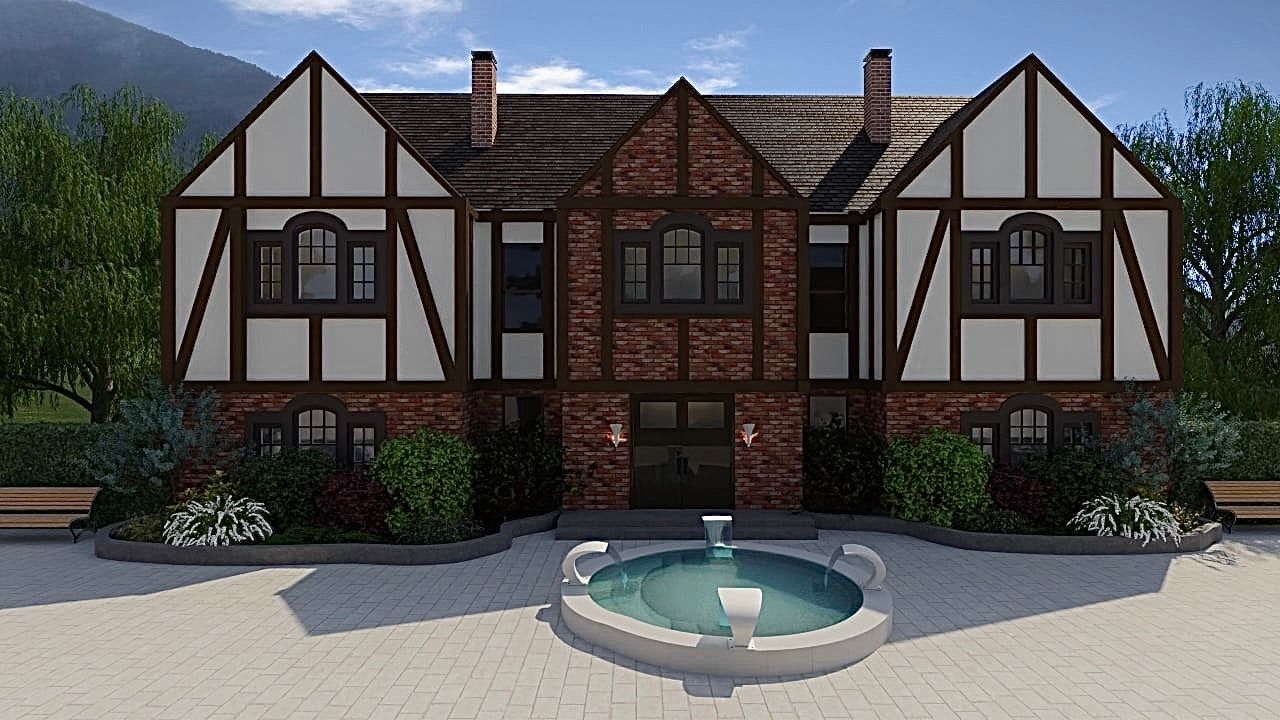 Une grande maison avec une fontaine devant