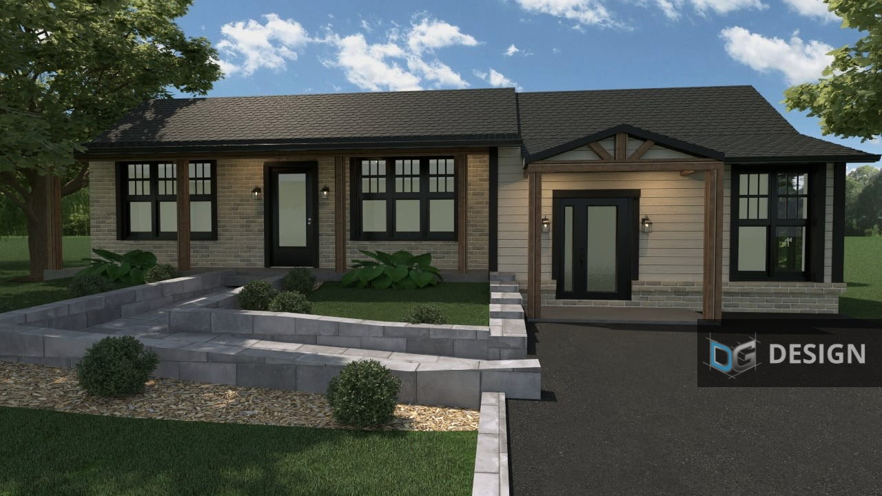 Une maison avec beaucoup de fenêtres et un panneau indiquant design