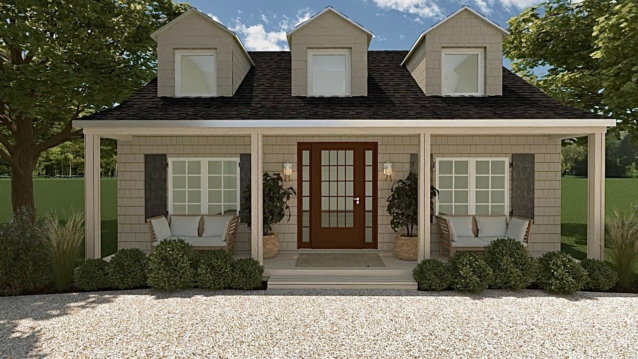 Une maison avec un porche et beaucoup de fenêtres