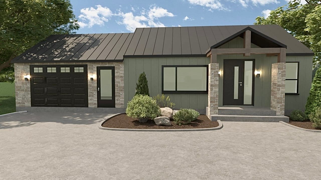 Une impression d'artiste d'une maison avec une porte de garage noire.