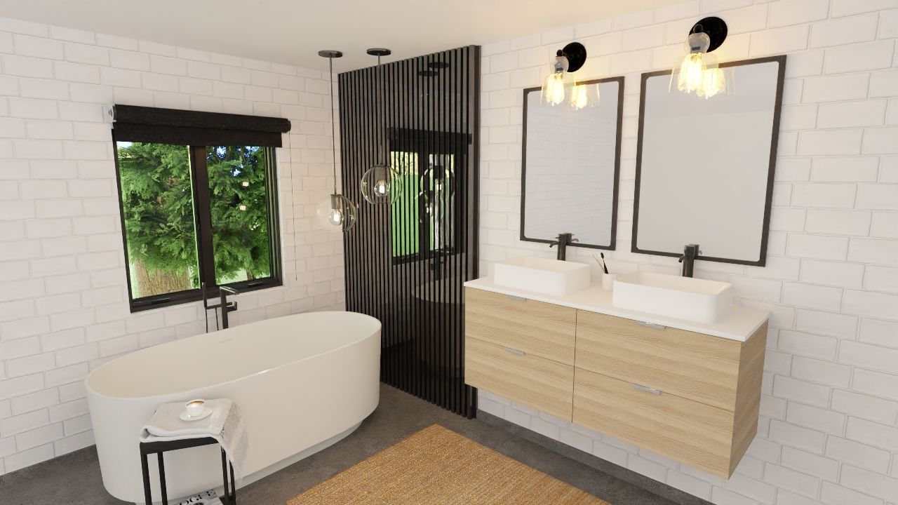 Une maison noire avec une voiture blanche garée devant.