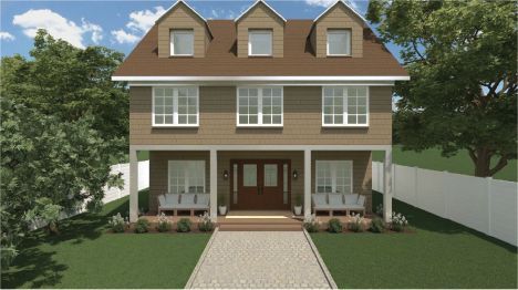 Une impression d'artiste d'une maison au toit brun