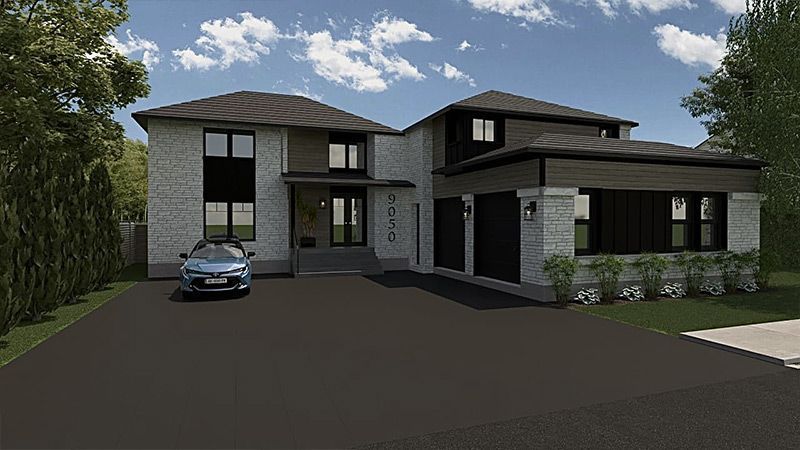 Une voiture est garée devant une grande maison.