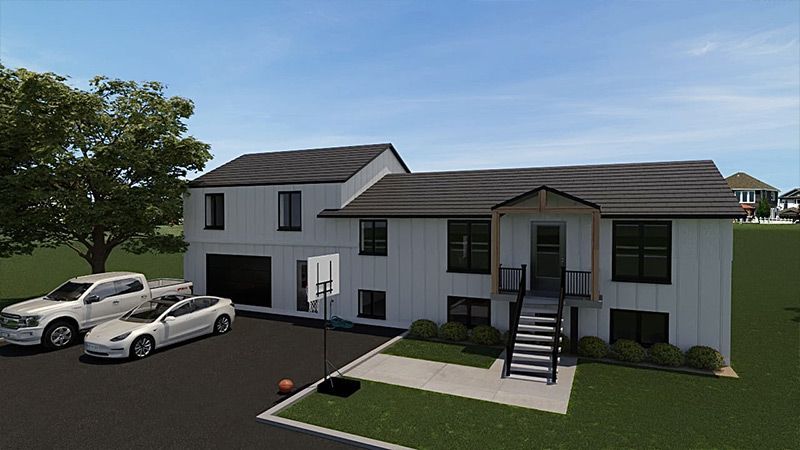 Une image générée par ordinateur d'une maison avec deux voitures garées devant.